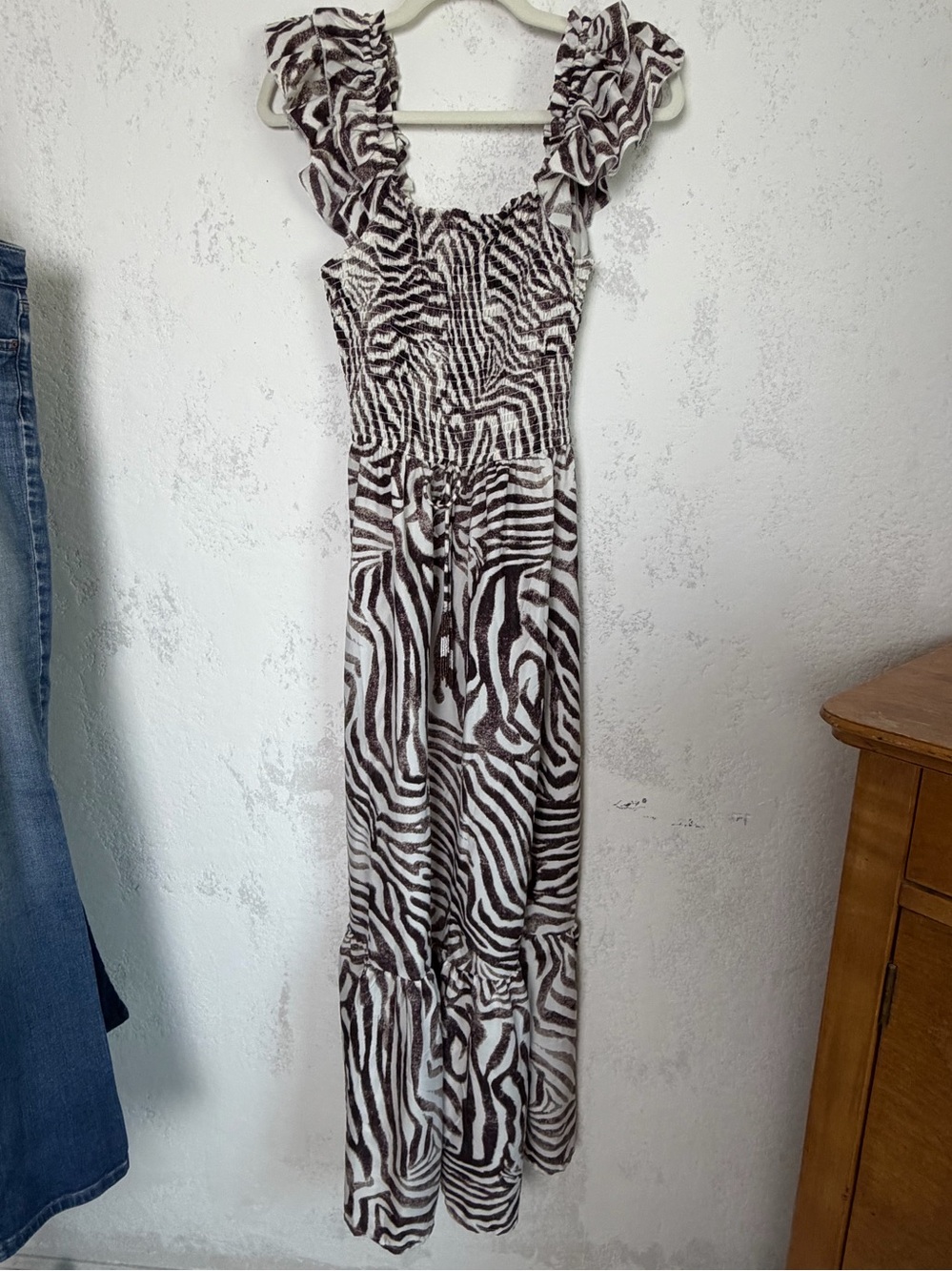NWOT Truly 4 You Women's Brown Zebra-Print Smocked Maxi Dress
